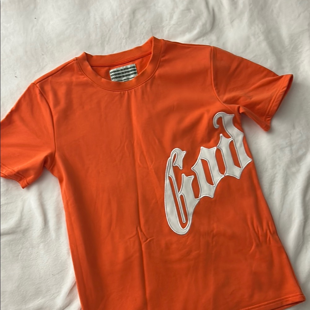 Orange Short Sleeve Tee with Bold White Design